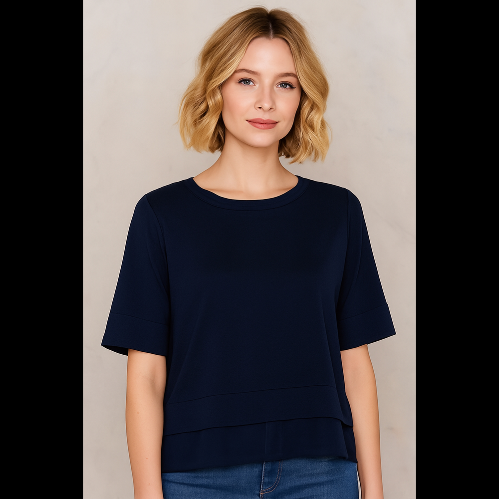 Dark Navy & Black Chiffon Trim Boxy Slight Crop Sweater Short Sleeve